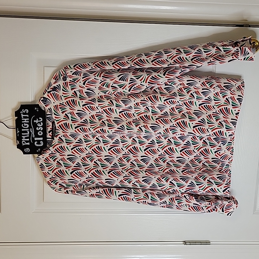 Haberdashery Blouse 8 Ivory Red Navy Long Sleeve Leslie Fay